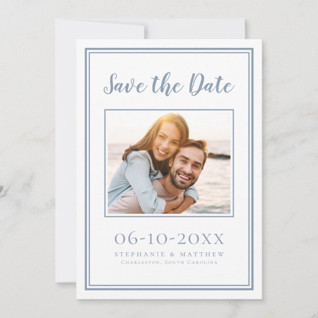 Reserva La Fecha Dusty Blue Boda Simple Engagement Photo Moderne (Anverso)