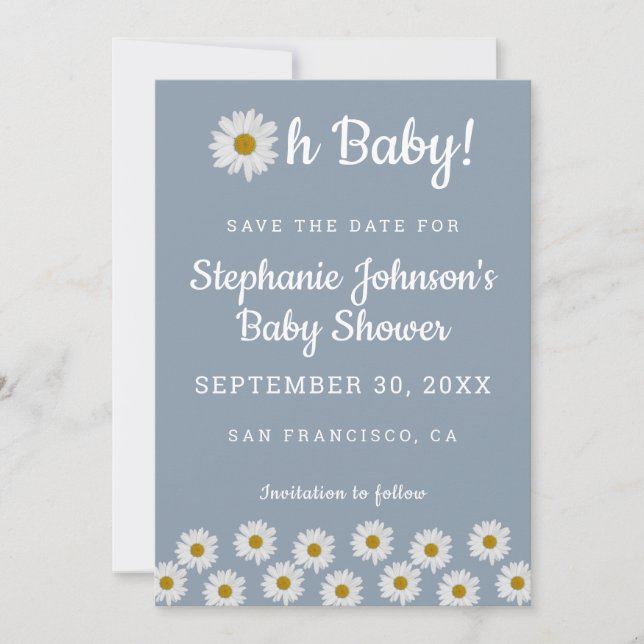 Reserva La Fecha Dusty Blue Bohemie Daisies Oh Baby Baby Shower (Anverso)
