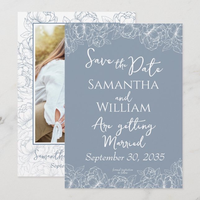 Reserva La Fecha Dusty Blue Boho Floral Moderno Boda (Anverso / Reverso)