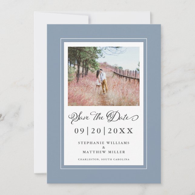 Reserva La Fecha Dusty Blue Borders Photo Save the Date Boda (Anverso)