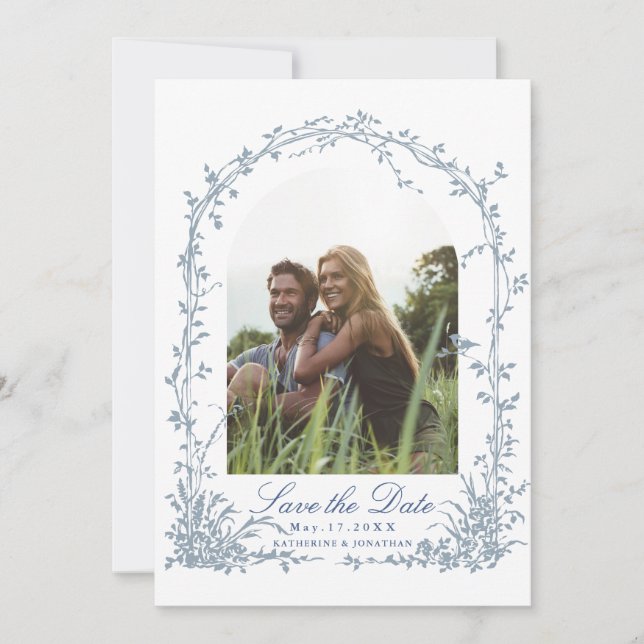 Reserva La Fecha Dusty Blue Botanical Arch Garden Wedding Photo (Anverso)