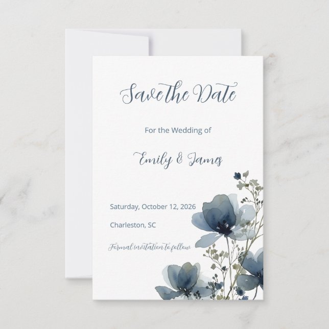 Reserva La Fecha Dusty Blue Botanical Wedding (Anverso)