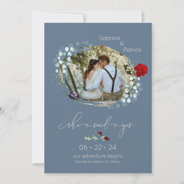 Reserva La Fecha Dusty Blue Burgundy Dijo Sí Foto (Anverso)