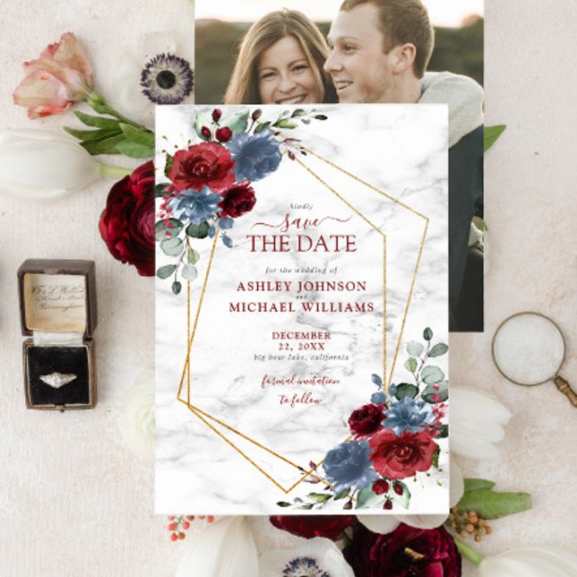 Reserva La Fecha Dusty Blue Burgundy Floral Photo Save the Date (Subido por el creador)