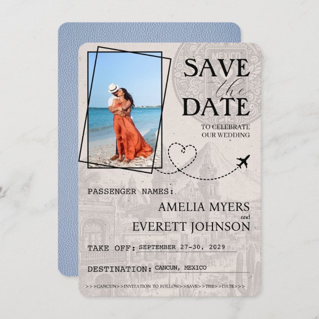 Reserva La Fecha Dusty Blue Cancun Passport Save the Date (Anverso / Reverso)