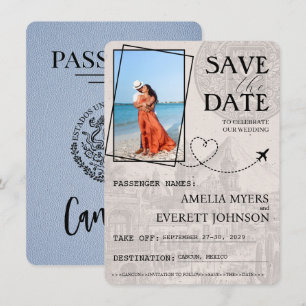 Reserva La Fecha Dusty Blue Cancun Passport Save the Date