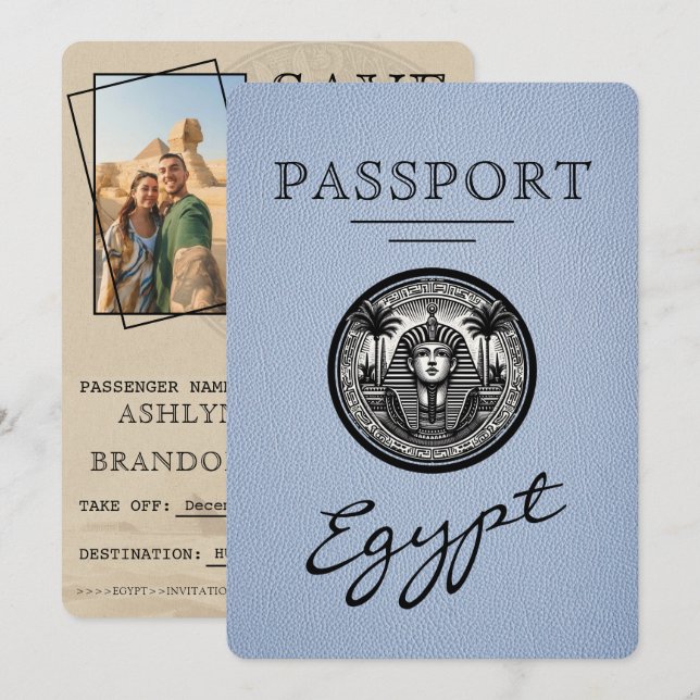 Reserva La Fecha Dusty Blue Egypt Passport Wedding Save the Date (Anverso / Reverso)
