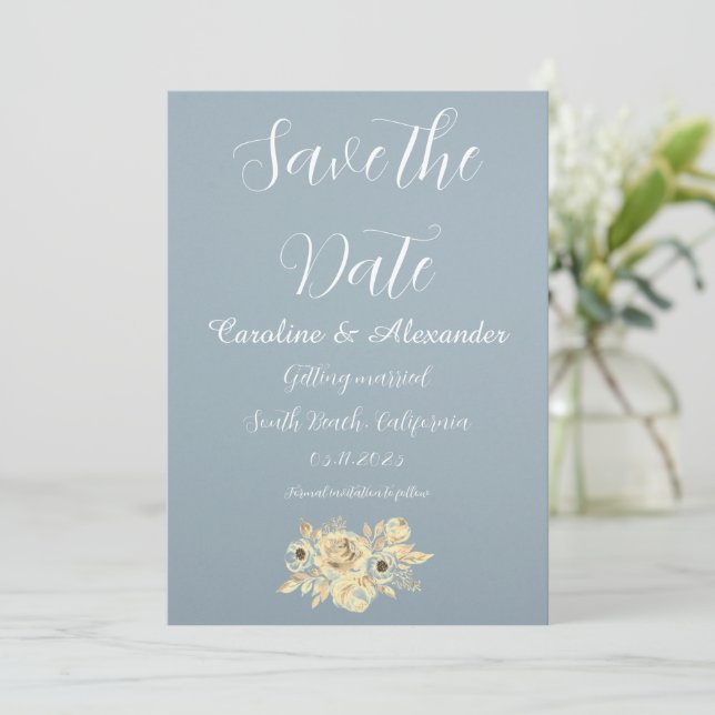 Reserva La Fecha Dusty Blue Elegant Boho Simple Fancy Boda (Anverso de pie)