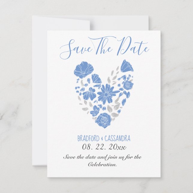 Reserva La Fecha Dusty Blue Elegant White Gray Floral Heart Wedding (Anverso)