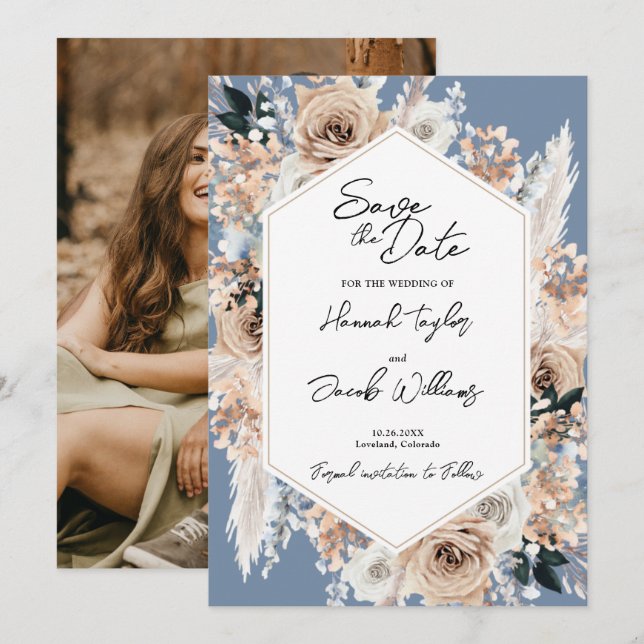 Reserva La Fecha Dusty Blue Floral Boho Boda Foto Guardar fecha (Anverso / Reverso)