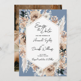 Reserva La Fecha Dusty Blue Floral Boho Boda Foto Guardar fecha