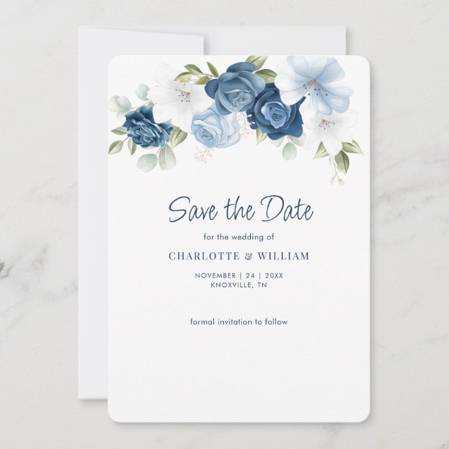 Reserva La Fecha Dusty Blue Floral Elegant Bloom Boda (Anverso)