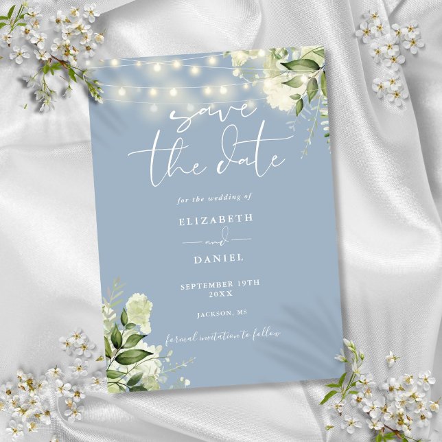 Reserva La Fecha Dusty Blue Floral Greeneration String Lights Boda (Dusty Blue Floral Greenery String Lights Wedding Save The Date)