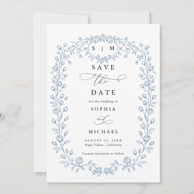 Reserva La Fecha Dusty Blue Floral Line Art Save The Date Invite (Anverso)