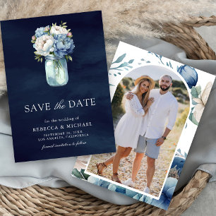 Reserva La Fecha Dusty Blue Floral Mason Jar Navy Boda Foto