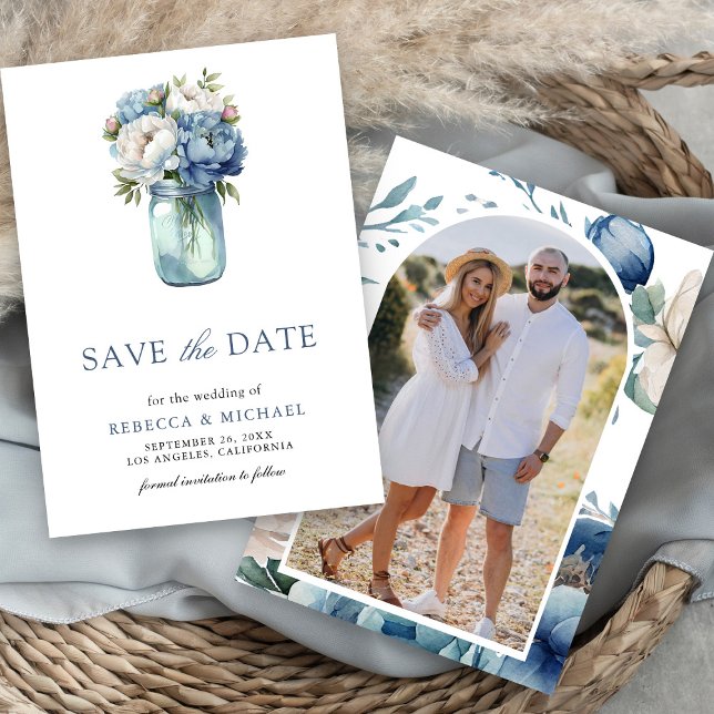 Reserva La Fecha Dusty Blue Floral Mason Jar Photo Boda (Subido por el creador)