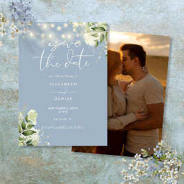Reserva La Fecha Dusty Blue Floral String Lights Boda de fotos
