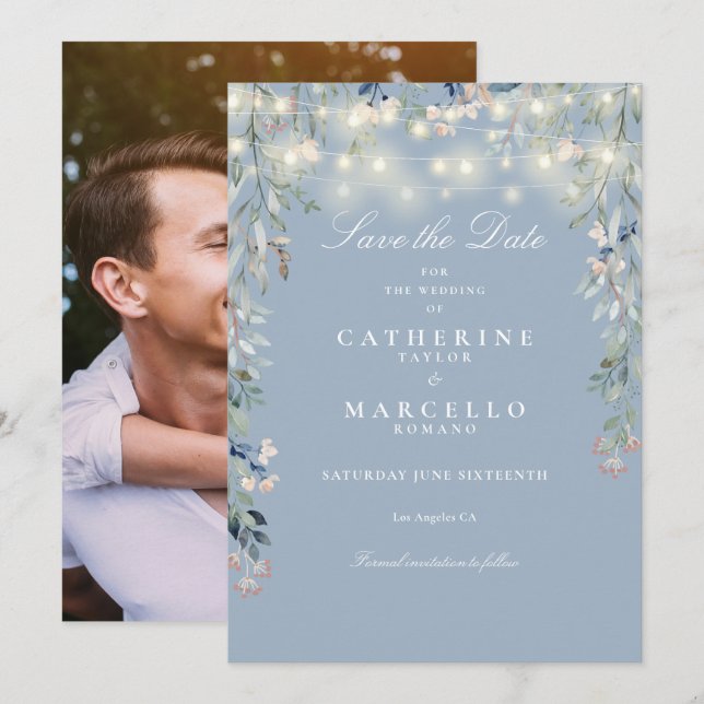Reserva La Fecha Dusty Blue Floral String Lights Boda de fotos (Anverso / Reverso)