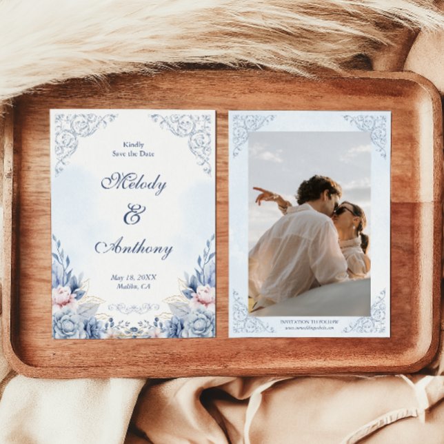 Reserva La Fecha Dusty Blue Floral Wedding Save the Date (Subido por el creador)