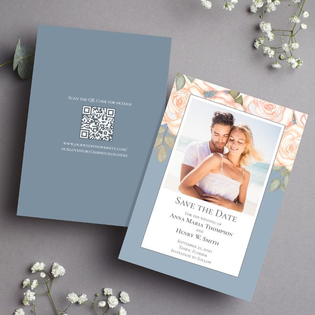 Reserva La Fecha Dusty Blue Floral Wedding Save the Date Photo (Dusty Blue floral save the date photo card with a scannable QR code. )