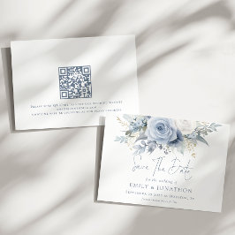 Reserva La Fecha Dusty Blue Florals QR Código Boda de escritura azu