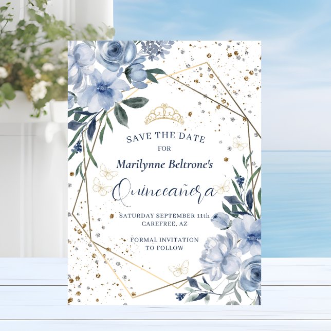Reserva La Fecha Dusty Blue Gold Quinceañera (Subido por el creador)