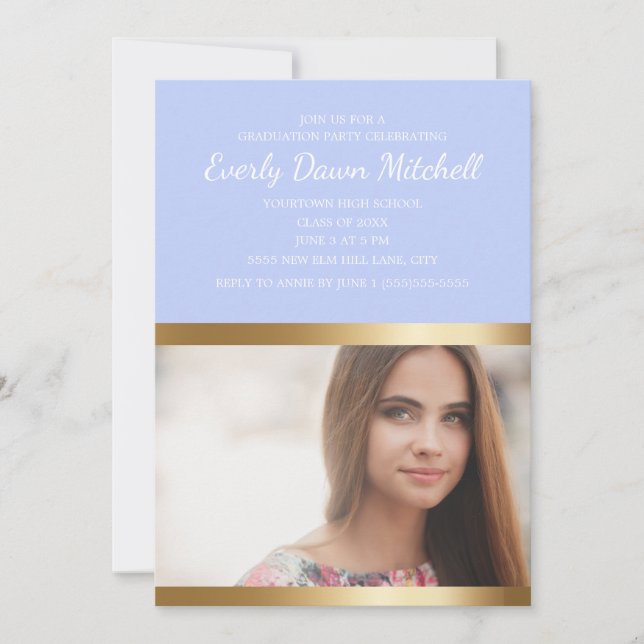 Reserva La Fecha Dusty Blue Gold White Stripe Graduation Party (Anverso)