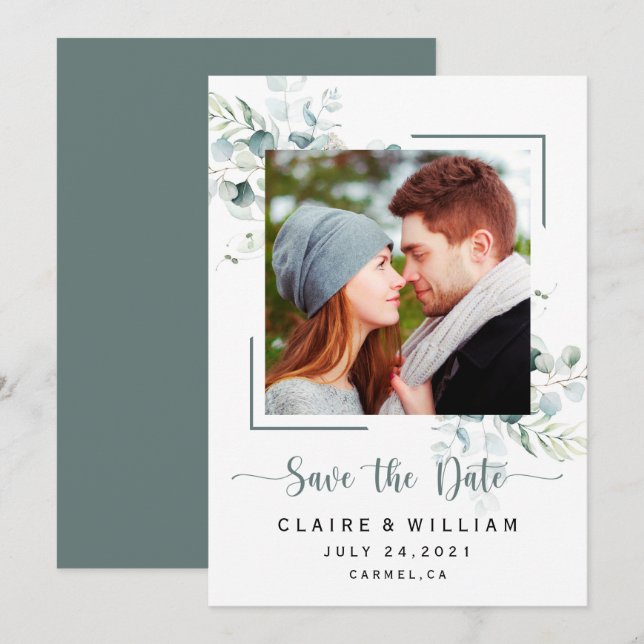 Reserva La Fecha Dusty Blue Green Leaves Wedding Save the Date (Anverso / Reverso)