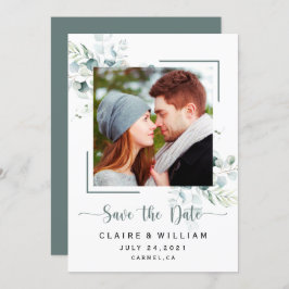 Reserva La Fecha Dusty Blue Green Leaves Wedding Save the Date