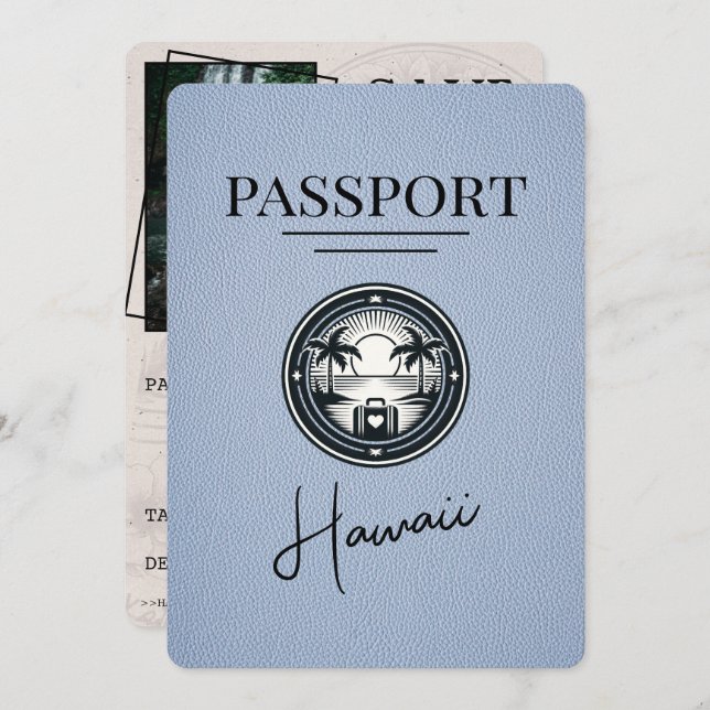 Reserva La Fecha Dusty Blue Hawaii Passport Save the Date (Anverso / Reverso)