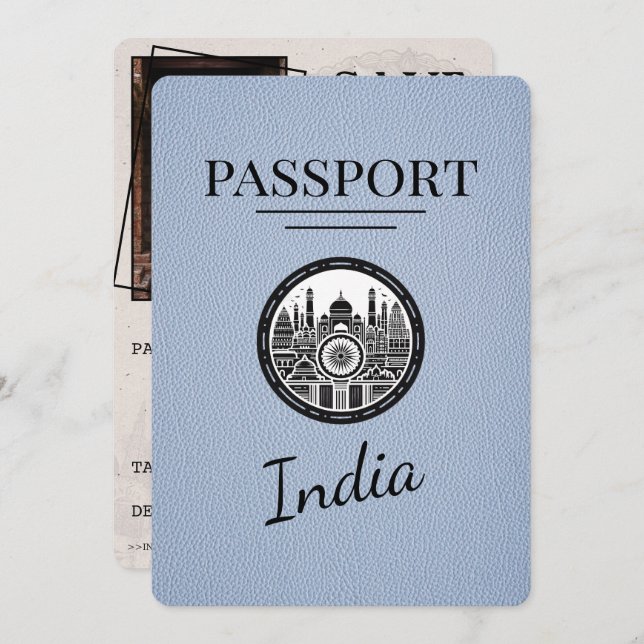 Reserva La Fecha Dusty Blue India Passport Save the Date (Anverso / Reverso)