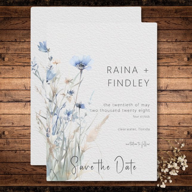 Reserva La Fecha Dusty Blue Meadow Wildflowers Boda moderna (Dusty Blue Meadow Wildflowers Modern Wedding Save The Date)