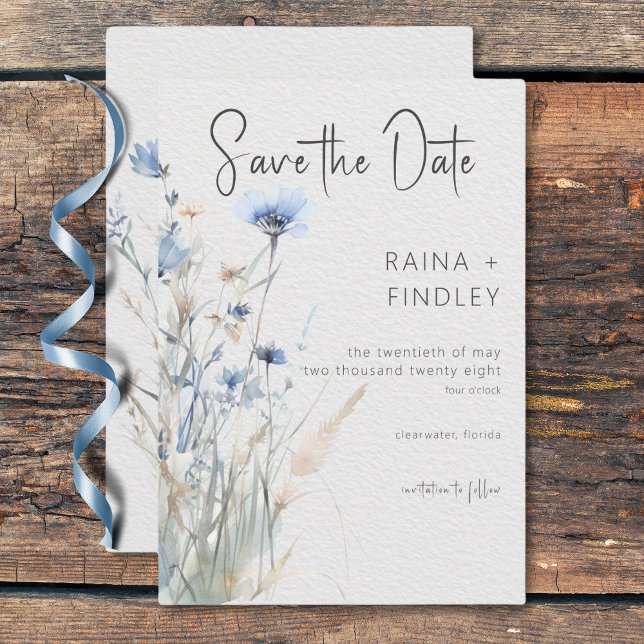 Reserva La Fecha Dusty Blue Meadow Wildflowers Boda moderna (Dusty Blue Meadow Wildflowers Modern Wedding Save The Date)