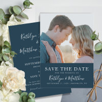 Dusty Blue Modern Typography Simple Photo Boda