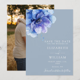 Reserva La Fecha Dusty Blue Modern Watercolor Floral Photo Boda
