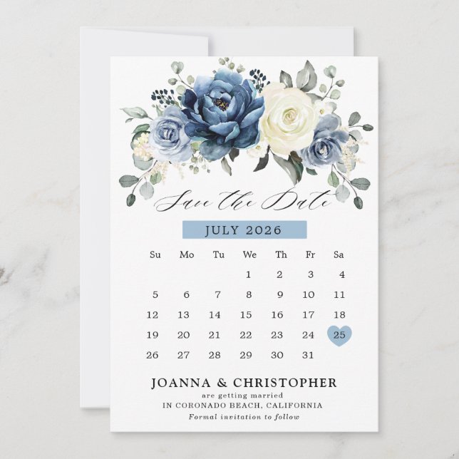 Reserva La Fecha Dusty Blue Navy Champagne Calendario de marfil (Anverso)