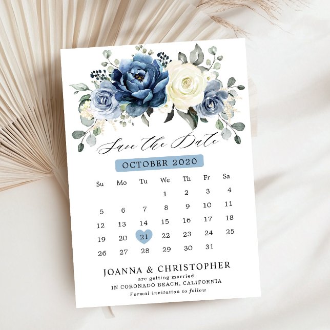 Reserva La Fecha Dusty Blue Navy Champagne Calendario de marfil (Dusty Blue Navy Champagne Ivory Floral calendar Save The Date card)