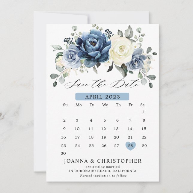 Reserva La Fecha Dusty Blue Navy Champagne Calendario de Marfil Sa (Anverso)