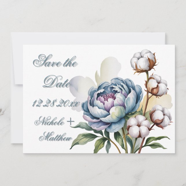Reserva La Fecha Dusty Blue Peony and Cotton Wedding (Anverso)
