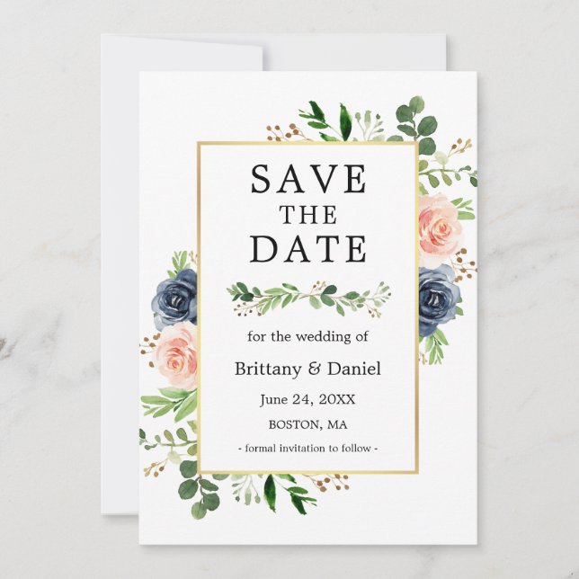 Reserva La Fecha Dusty Blue Pink Floral Save the Date Card (Anverso)
