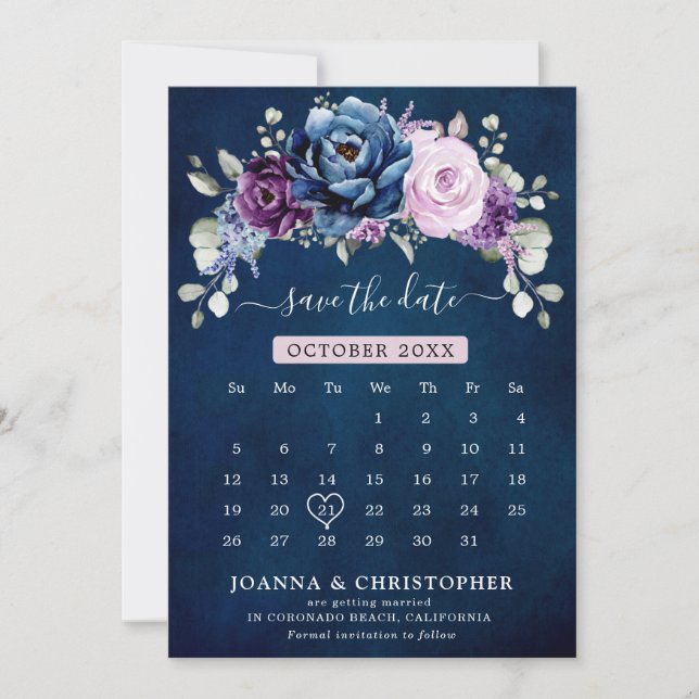 Reserva La Fecha Dusty Blue Purple Naval Lilac Blooms Calendar Save (Anverso)