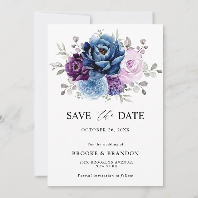 Reserva La Fecha Dusty Blue Purple Navy Lilac Blooms Boda (Anverso)