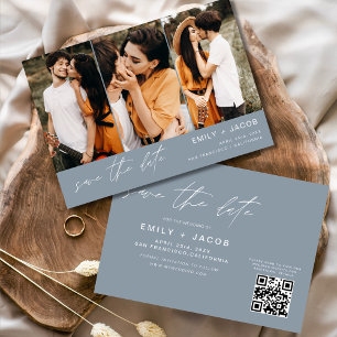 Reserva La Fecha Dusty Blue QR Code Save the Date 3 Photo Elegant