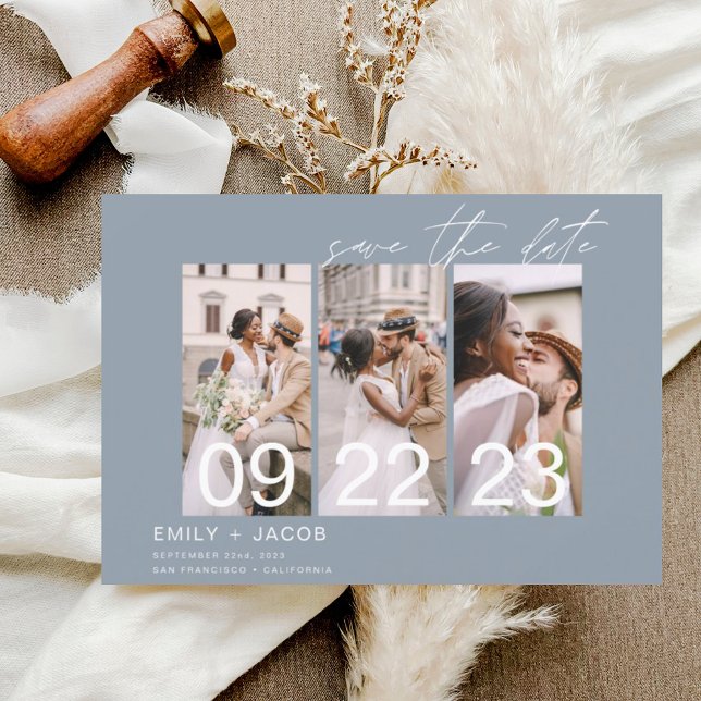 Reserva La Fecha Dusty Blue Save the Date 3 Photo Elegant (Subido por el creador)