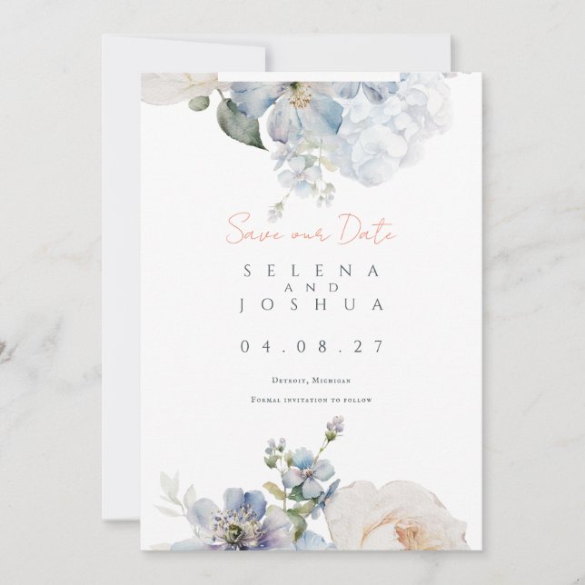 Reserva La Fecha Dusty Blue Save the Date | Diseño Romántico Pastel (Anverso)