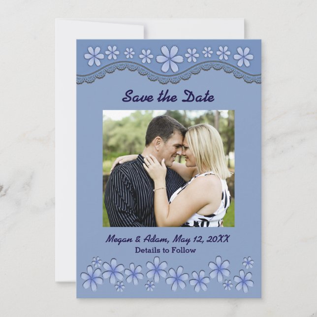 Reserva La Fecha Dusty Blue Six Petal Flower Save the Date Card (Anverso)