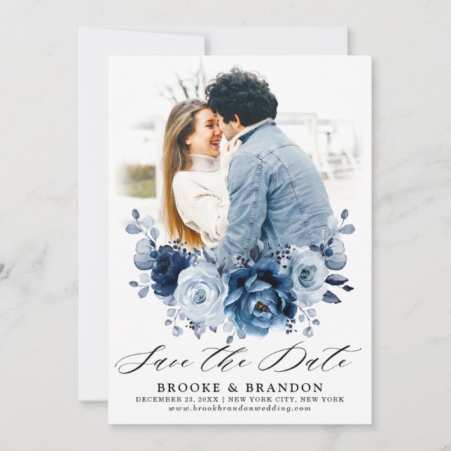 Reserva La Fecha Dusty Blue Slate Navy Boda Botánico Floral (Anverso)