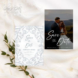 Reserva La Fecha Dusty Blue Soft Silver Encaje Floral Foto de Boda