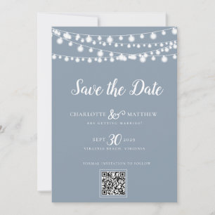 Reserva La Fecha Dusty Blue String Lights Moderno Script Guardar el