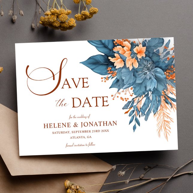 Reserva La Fecha Dusty Blue Terracotta Boho Elegante Boda Floral (Dusty Blue Terracotta Boho Elegant Floral Wedding Save The Date)